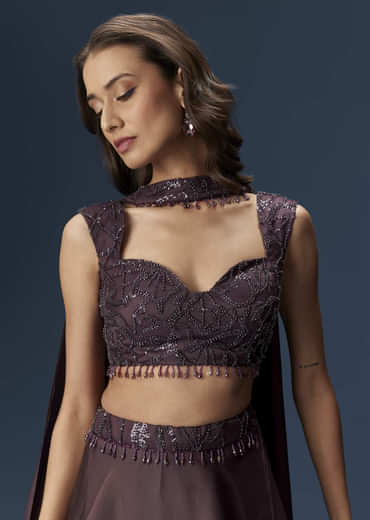 Brown Organza Lehenga Set With Sleeveless Sweetheart Blouse And Dupatta