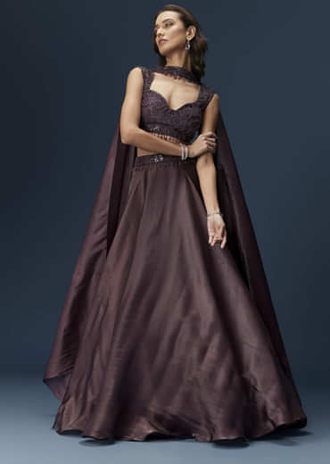 Brown Organza Lehenga Set With Sleeveless Sweetheart Blouse And Dupatta