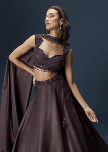 Brown Organza Lehenga Set With Sleeveless Sweetheart Blouse And Dupatta