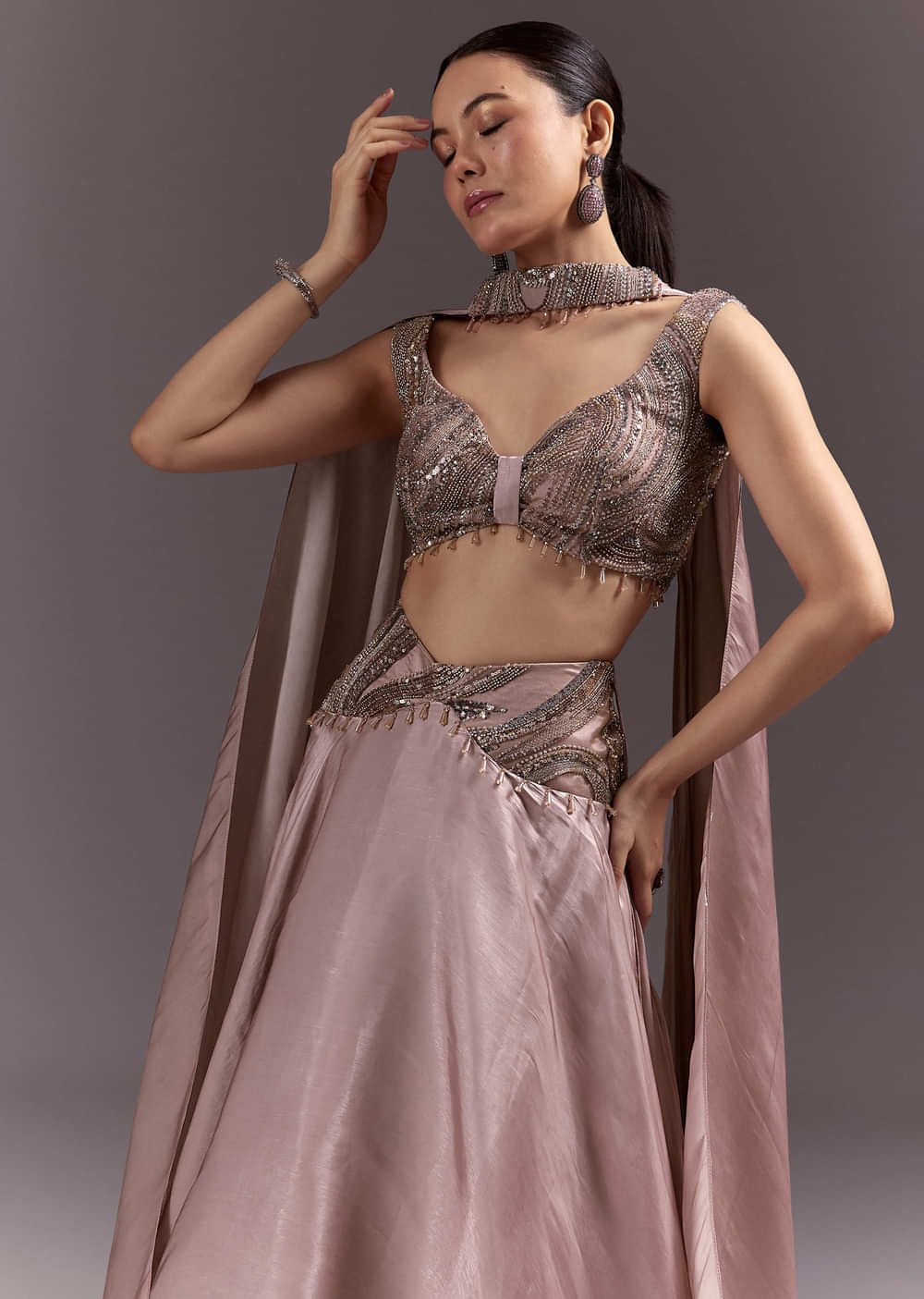 Brown Organza Lehenga With Sweetheart Neck Blouse And Choker Dupatta