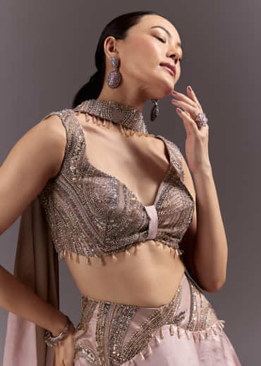 Brown Organza Lehenga With Sweetheart Neck Blouse And Choker Dupatta Brown Organza Lehenga With Sweetheart Neck Blouse And Choker Dupatta