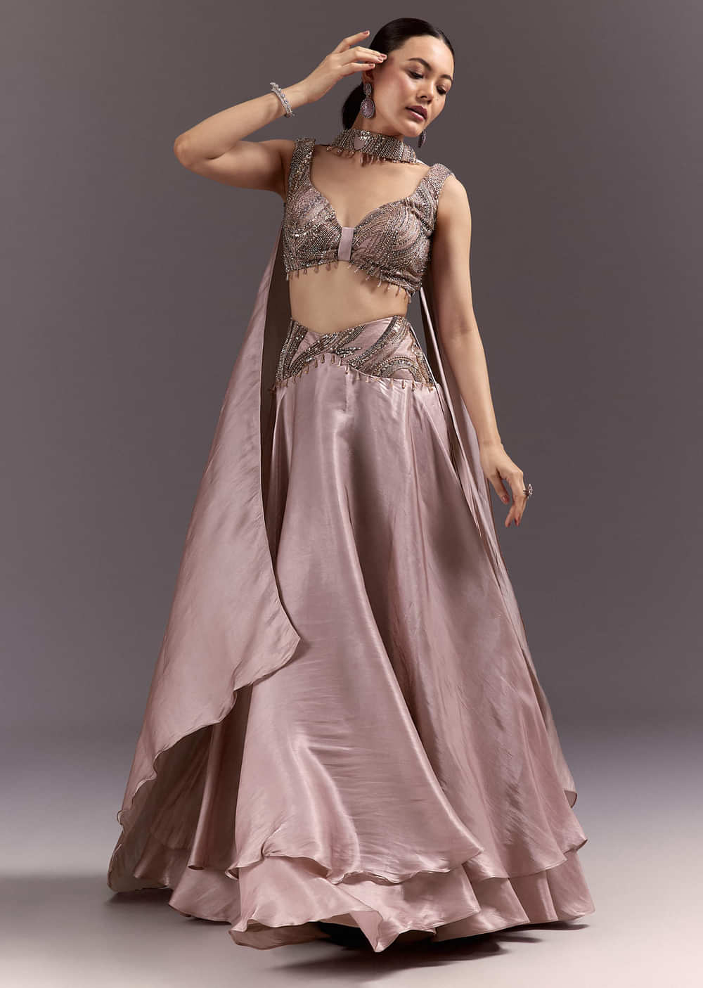 Brown Organza Lehenga With Sweetheart Neck Blouse And Choker Dupatta