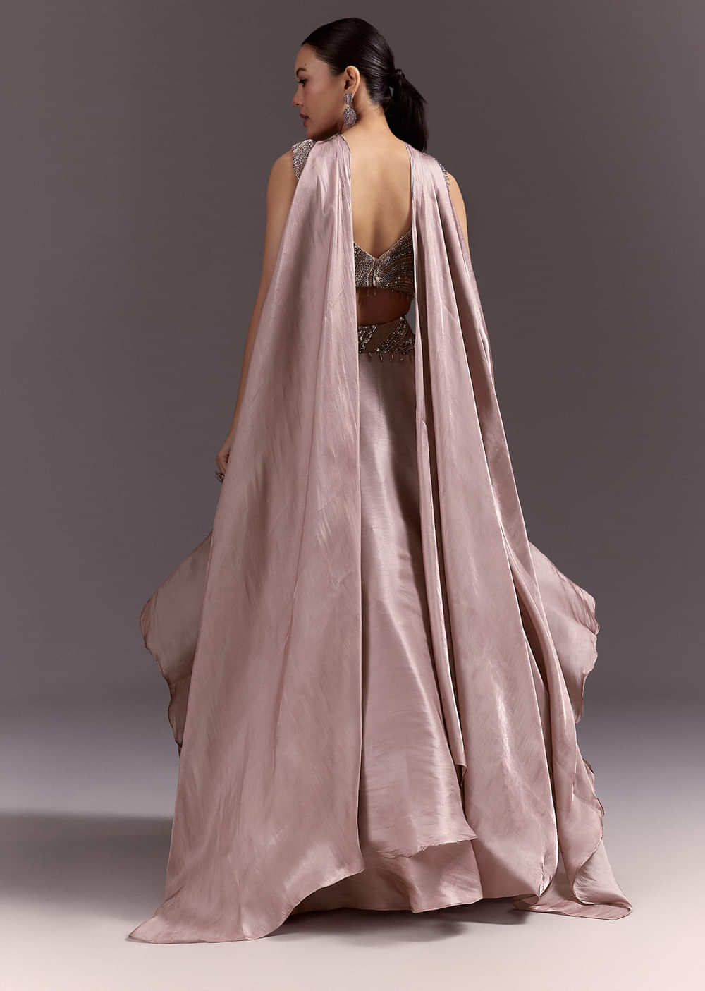 Brown Organza Lehenga With Sweetheart Neck Blouse And Choker Dupatta