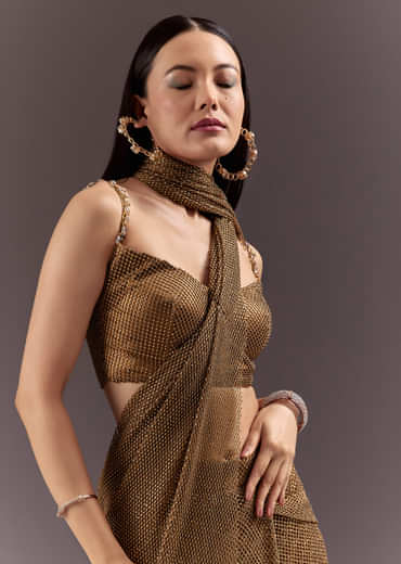 Brown Pre Stitched Crystal Embroidered Saree