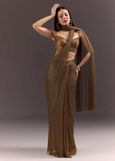 Brown Pre Stitched Crystal Embroidered Saree