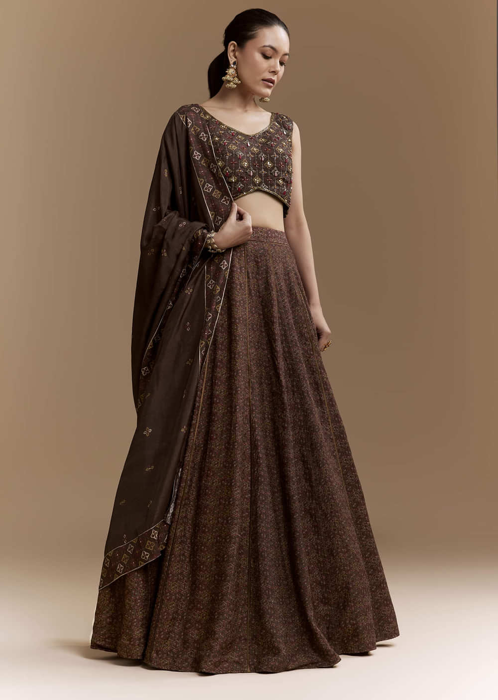 Brown Printed Silk Bridesmaid Lehenga Set with Dupatta