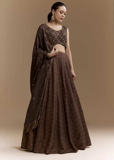 Brown Printed Silk Bridesmaid Lehenga Set with Dupatta