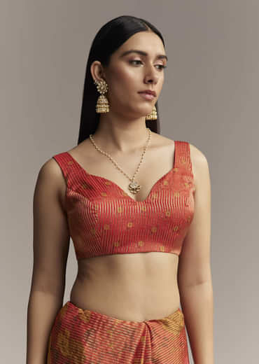 Brown Red Tissue Saree With Mirror And Zari Work
