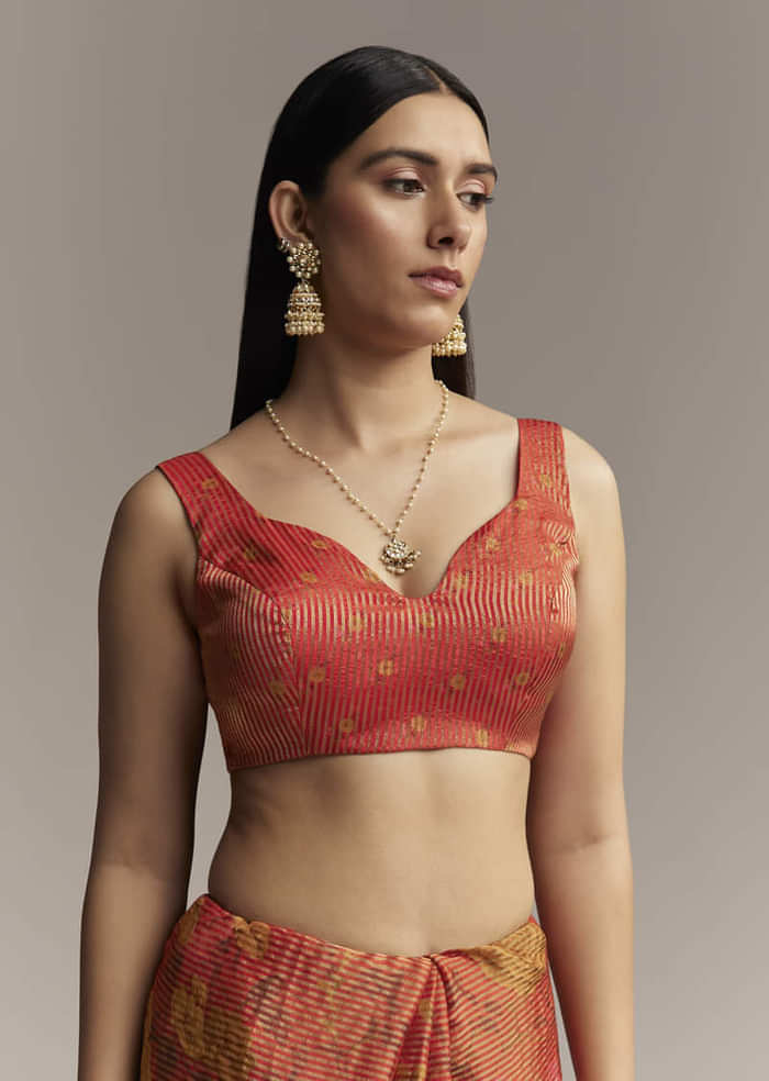 Brown Red Tissue Saree With Mirror And Zari Work