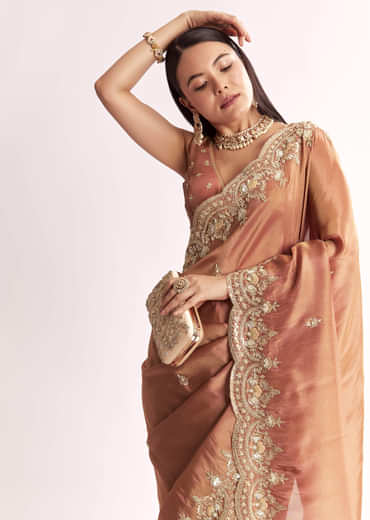 Brown Rust Crush Tissue Saree With Gota Zari And Beads Embroidery