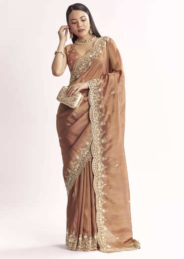 Brown Rust Crush Tissue Saree With Gota Zari And Beads Embroidery