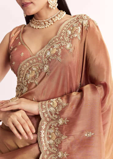 Brown Rust Crush Tissue Saree With Gota Zari And Beads Embroidery