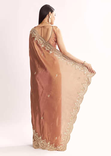 Brown Rust Crush Tissue Saree With Gota Zari And Beads Embroidery