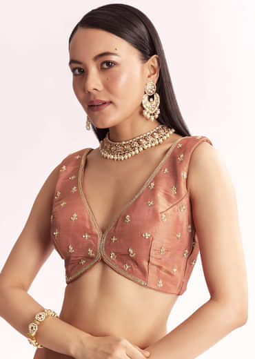 Brown Rust Crush Tissue Saree With Gota Zari And Beads Embroidery