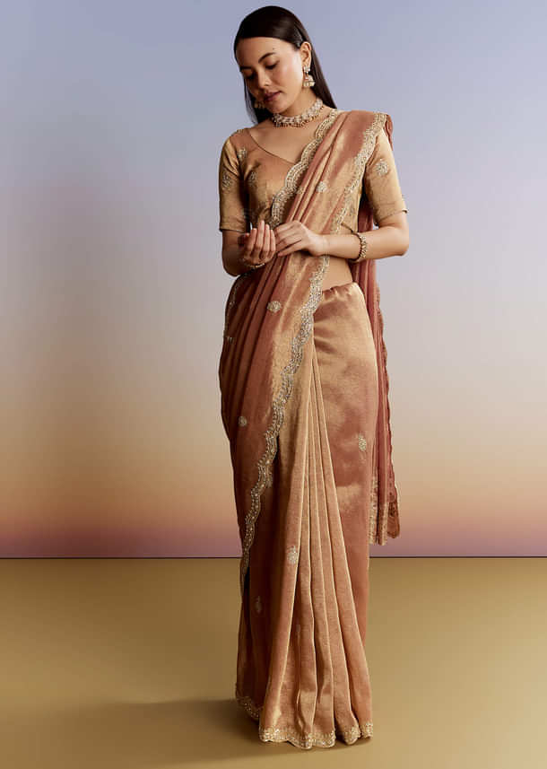 Brown Rust Tissue Saree With Moti Beads And Sequins