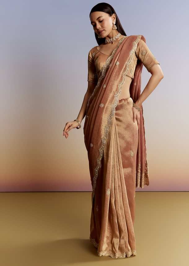 Brown Rust Tissue Saree With Moti Beads And Sequins