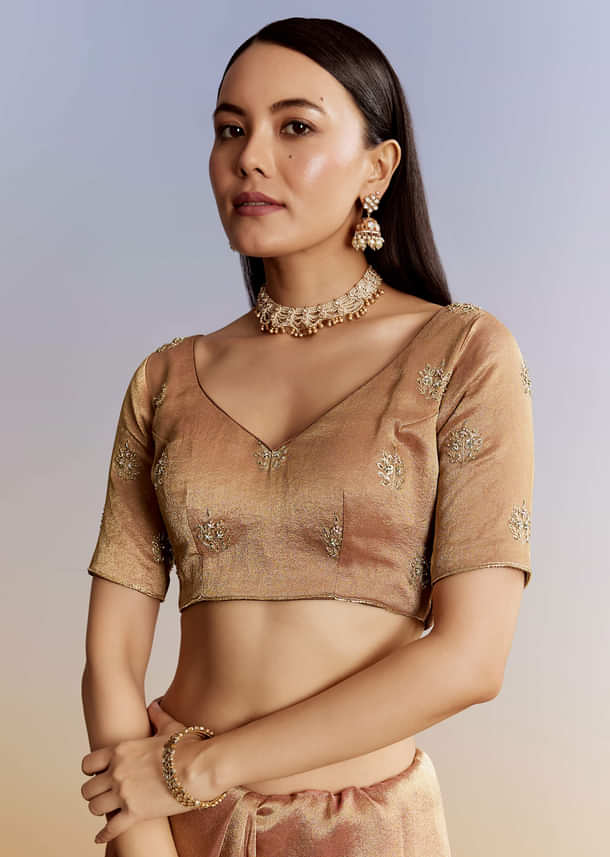 Brown Rust Tissue Saree With Moti Beads And Sequins