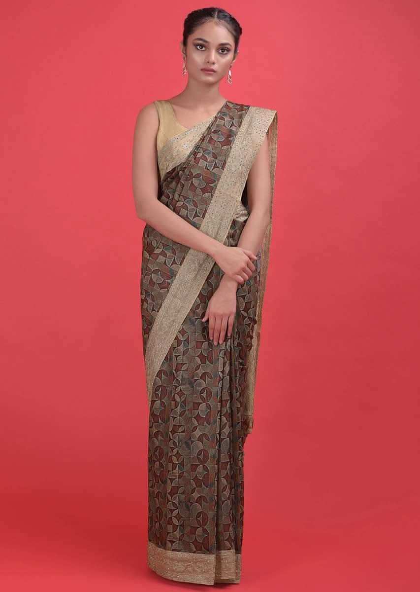 Brown Saree In Cotton Silk With Multi Colored Geometric Print, Thread And Kundan Work Online - Kalki Fashion