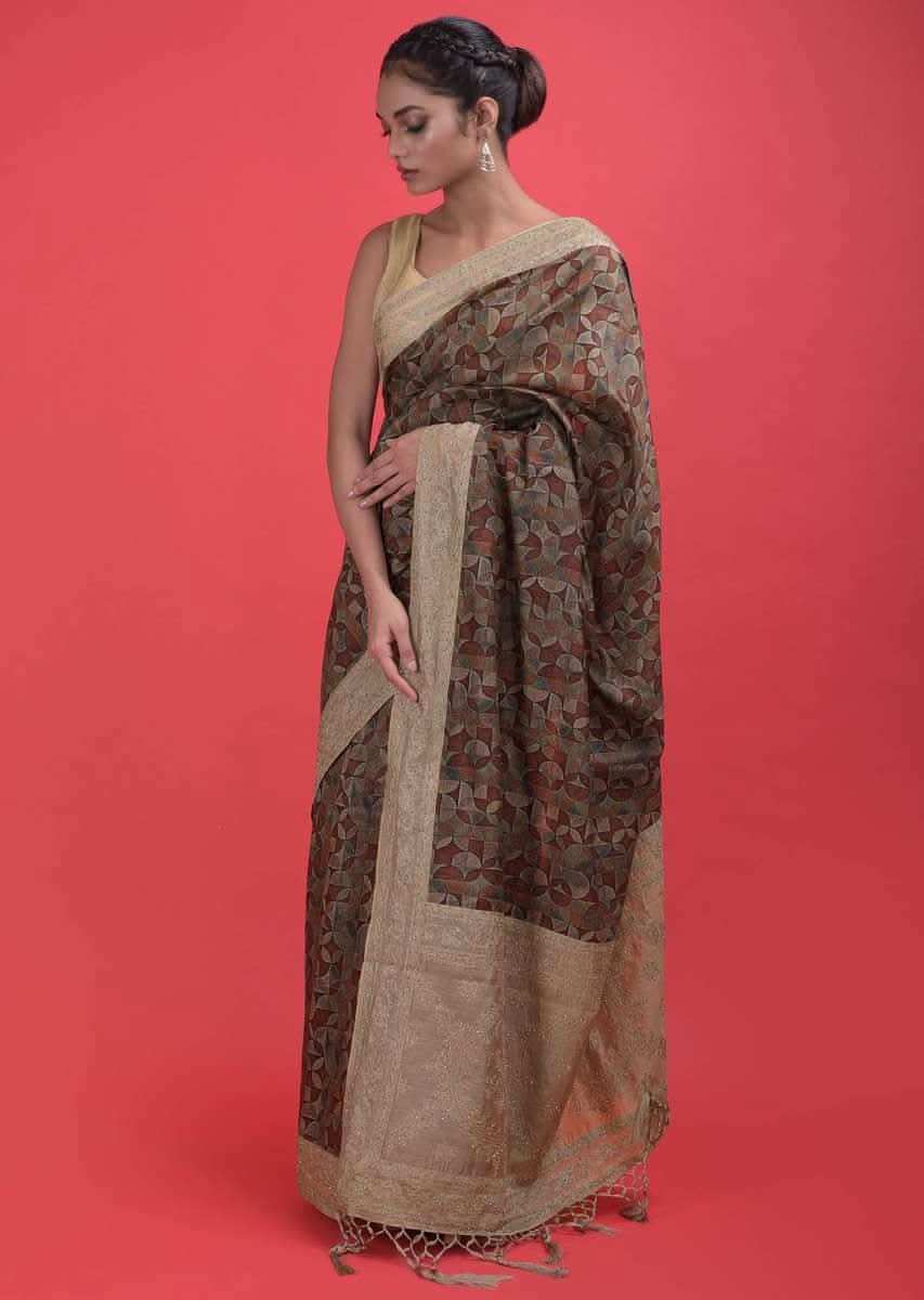 Brown Saree In Cotton Silk With Multi Colored Geometric Print, Thread And Kundan Work Online - Kalki Fashion