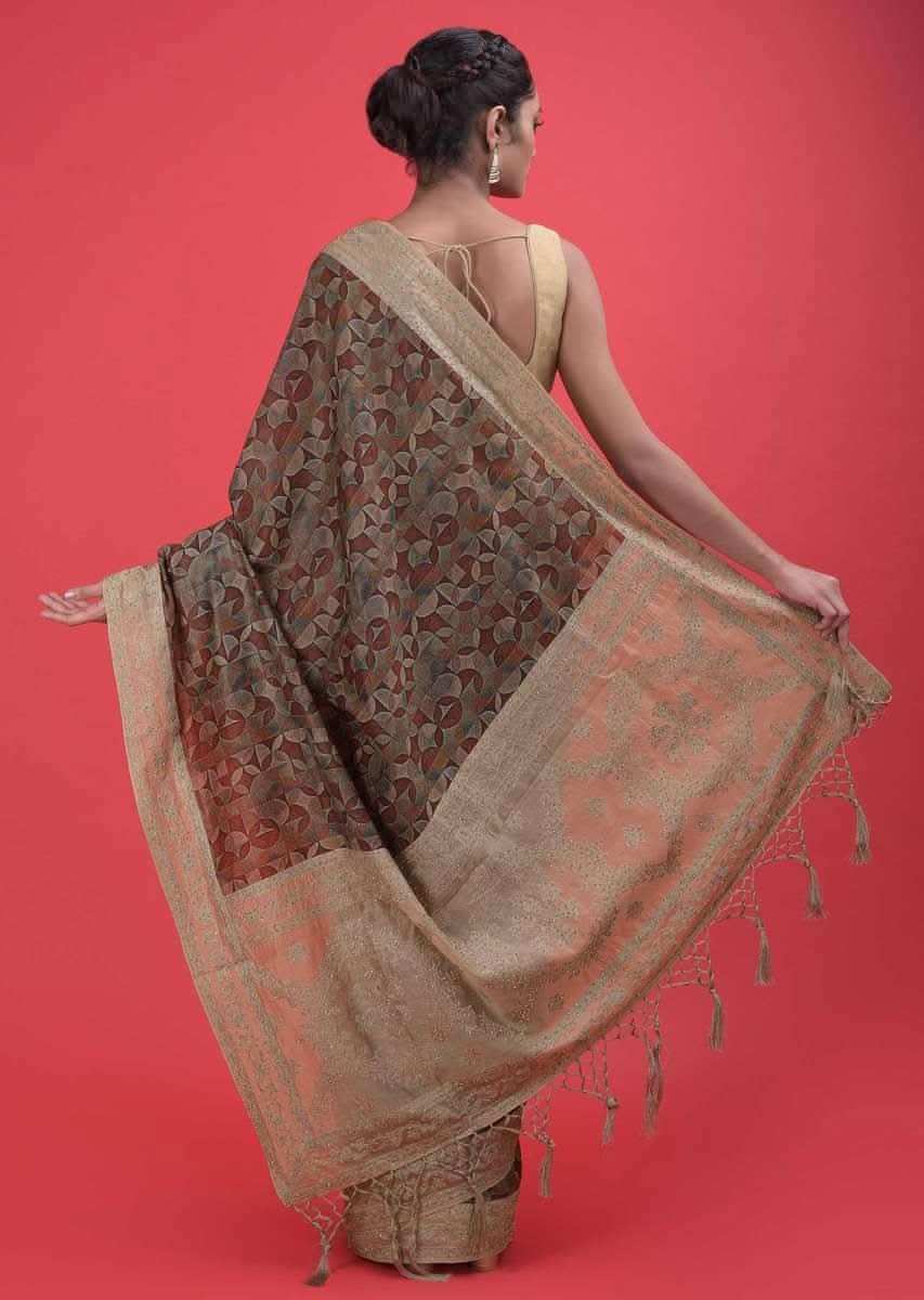 Brown Saree In Cotton Silk With Multi Colored Geometric Print, Thread And Kundan Work Online - Kalki Fashion
