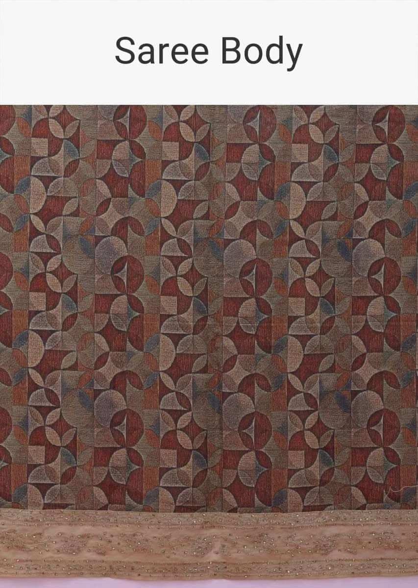 Brown Saree In Cotton Silk With Multi Colored Geometric Print, Thread And Kundan Work Online - Kalki Fashion