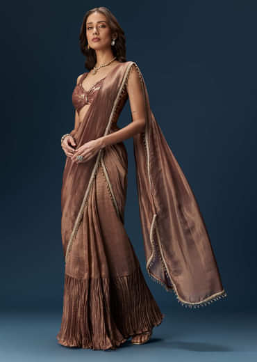 Brown Saree With Banarasi Blouse And Pre Stitched Drape