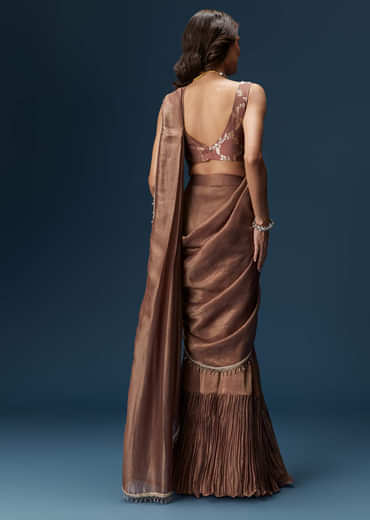 Brown Saree With Banarasi Blouse And Pre Stitched Drape