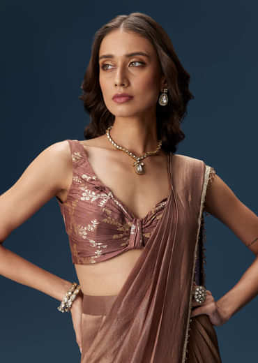 Brown Saree With Banarasi Blouse And Pre Stitched Drape