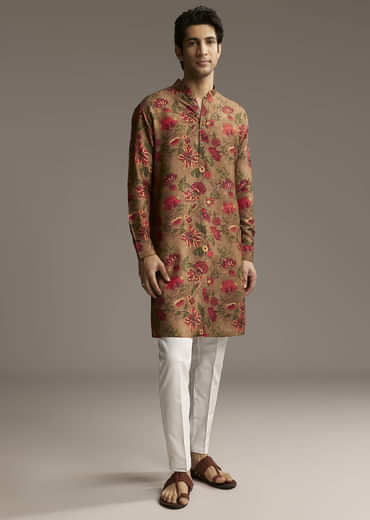Brown Silk Designer Kurta For Men With Floral Print
