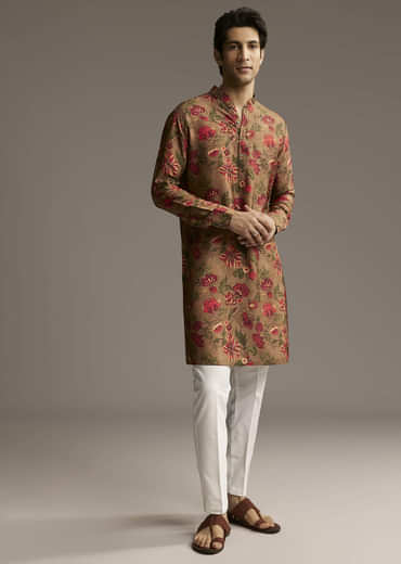 Brown Silk Designer Kurta For Men With Floral Print