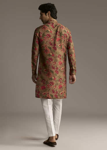 Brown Silk Designer Kurta For Men With Floral Print