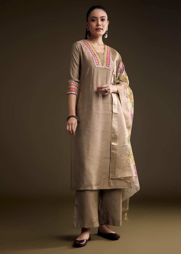 Brown Silk Kurta Set With Zari And Gota Work