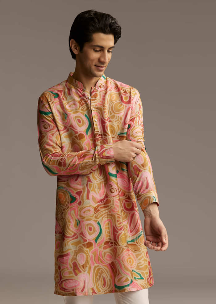 Brown Silk Printed Designer Kurta For Men With Print