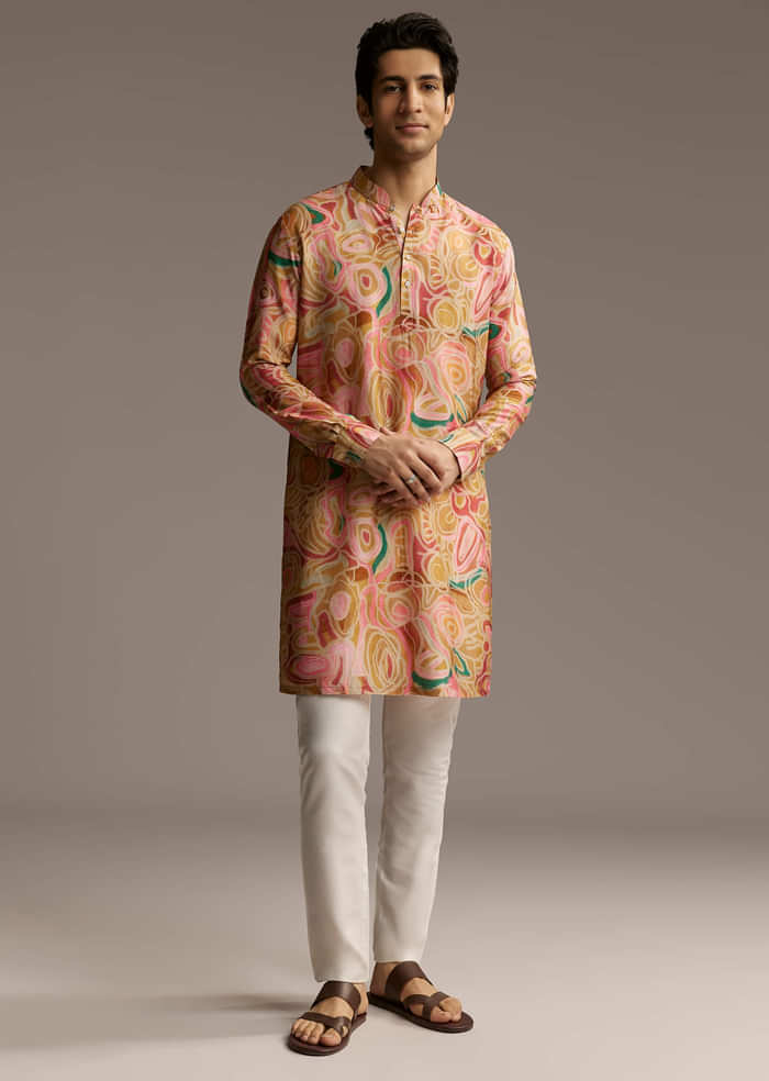 Brown Silk Printed Designer Kurta For Men With Print