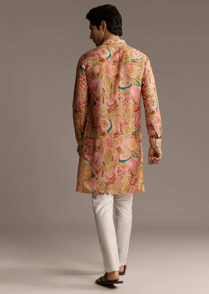 Brown Silk Printed Designer Kurta For Men With Print