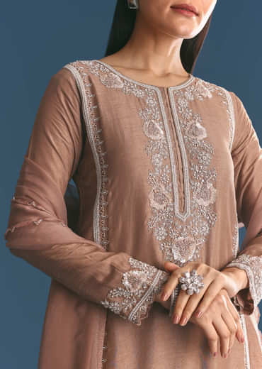 Brown Silk Sequin Cutdana Kurta Sharara With Dupatta