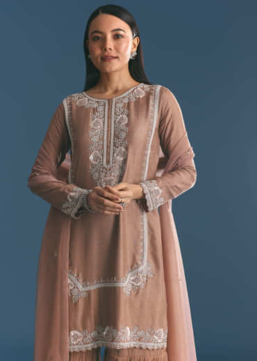 Brown Silk Sequin Cutdana Kurta Sharara With Dupatta