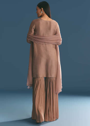 Brown Silk Sequin Cutdana Kurta Sharara With Dupatta