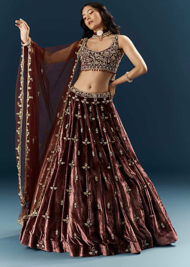 Brown Velvet Bridal Lehenga With Rose Gold Embroidery