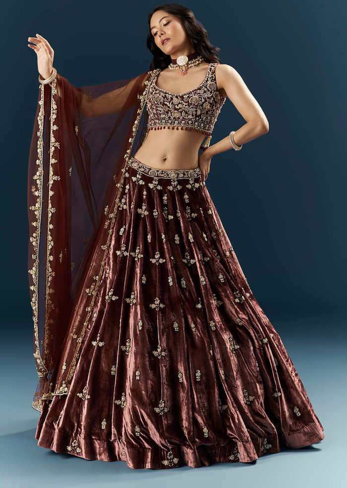 Brown Velvet Bridal Lehenga With Rose Gold Embroidery