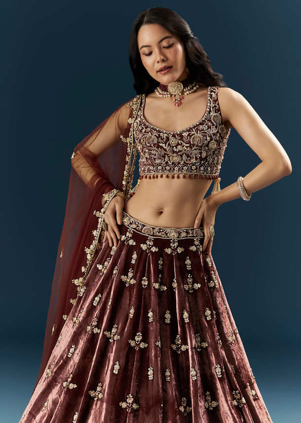 Brown Velvet Bridal Lehenga With Rose Gold Embroidery