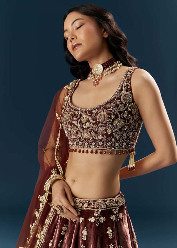 Brown Velvet Bridal Lehenga With Rose Gold Embroidery