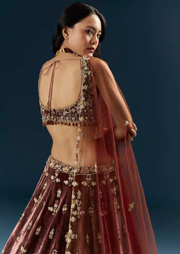 Brown Velvet Bridal Lehenga With Rose Gold Embroidery