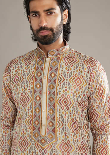 Brown Velvet Kurta Set For Men With Mirror And Cut Dana Work
