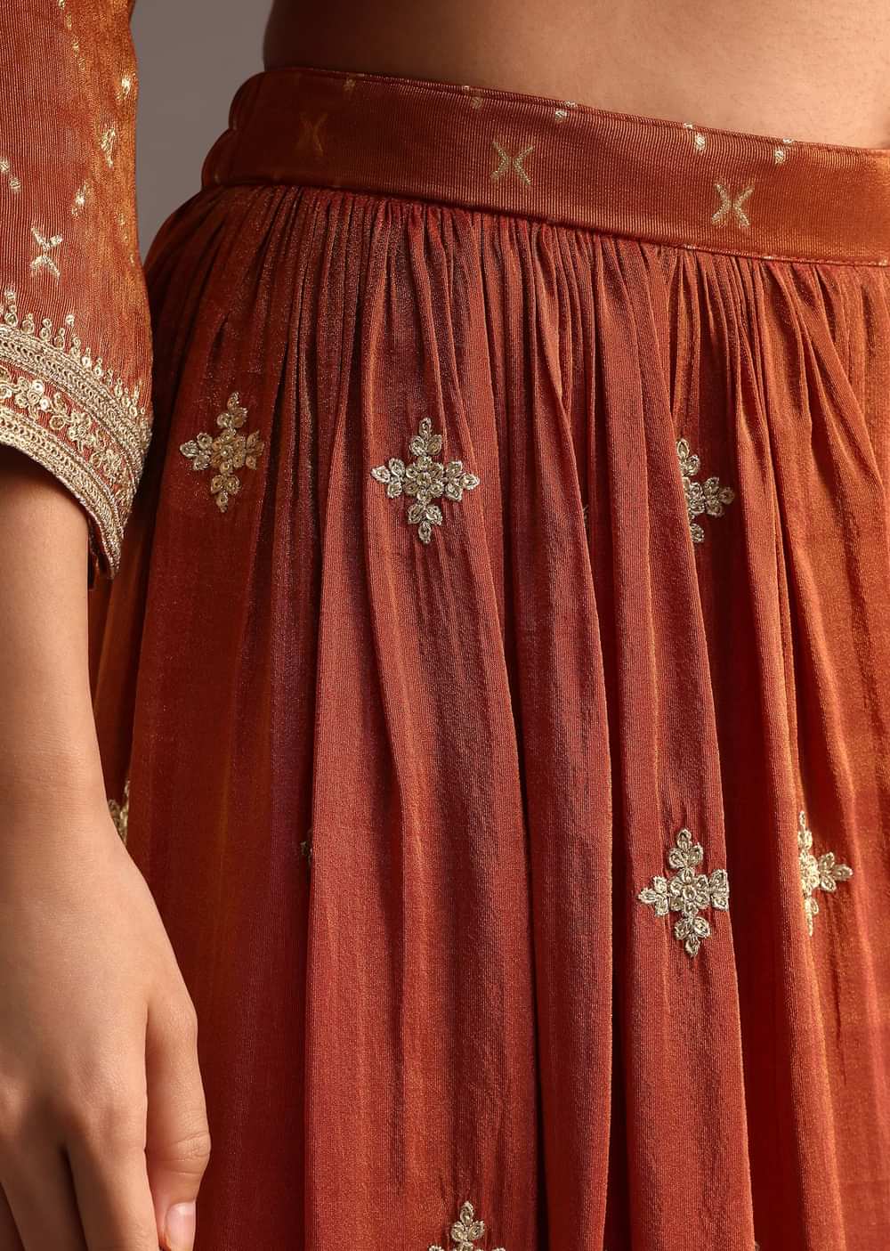 Brown And Gold Embroidered Palazzo Suit With Dupatta