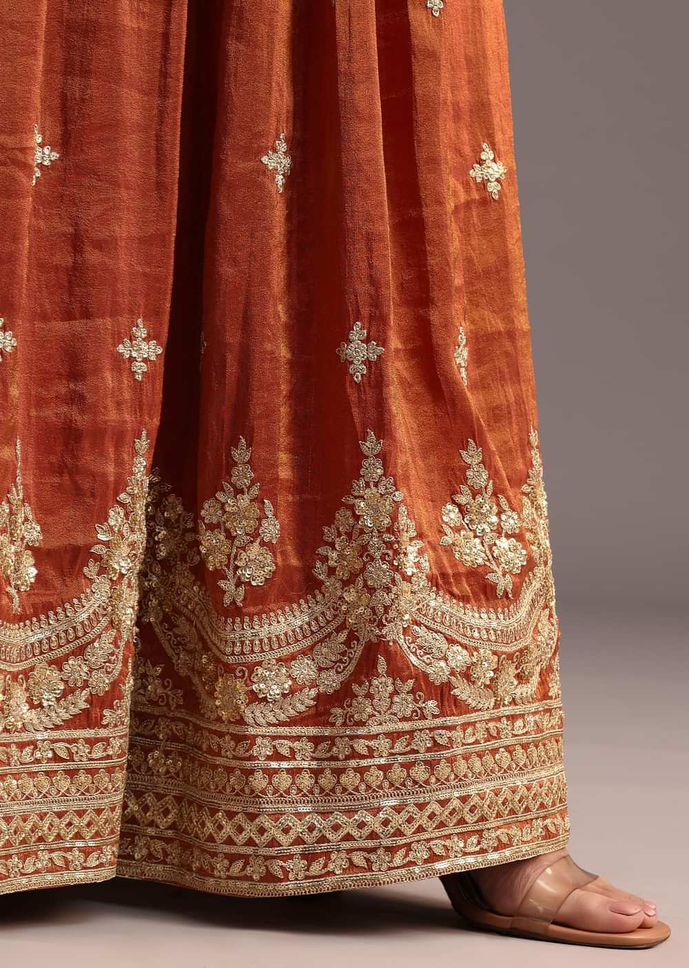 Brown And Gold Embroidered Palazzo Suit With Dupatta