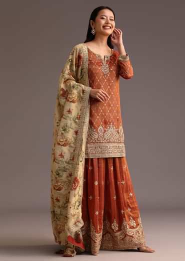 Brown And Gold Embroidered Palazzo Suit With Dupatta