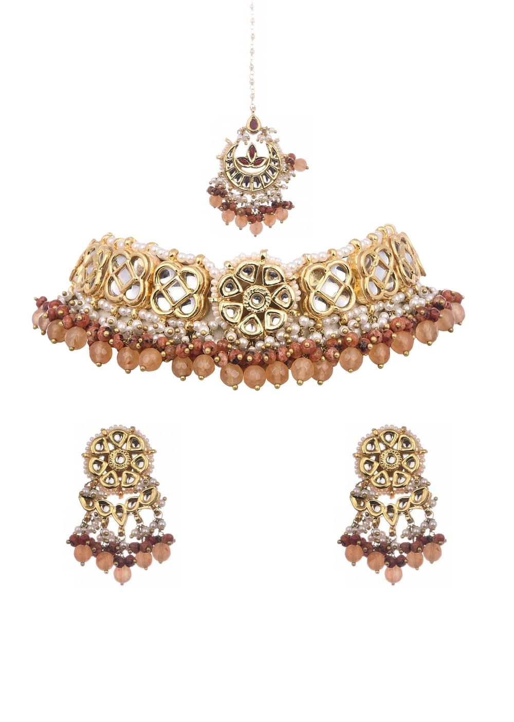 Brown And Gold Kundan Short Necklace Set With Stones