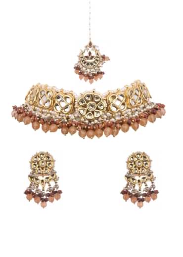 Brown And Gold Kundan Short Necklace Set With Stones