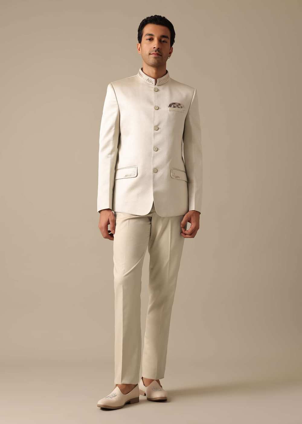 Beige Bandhgala Jodhpuri Pant Set With Embroidered Detail